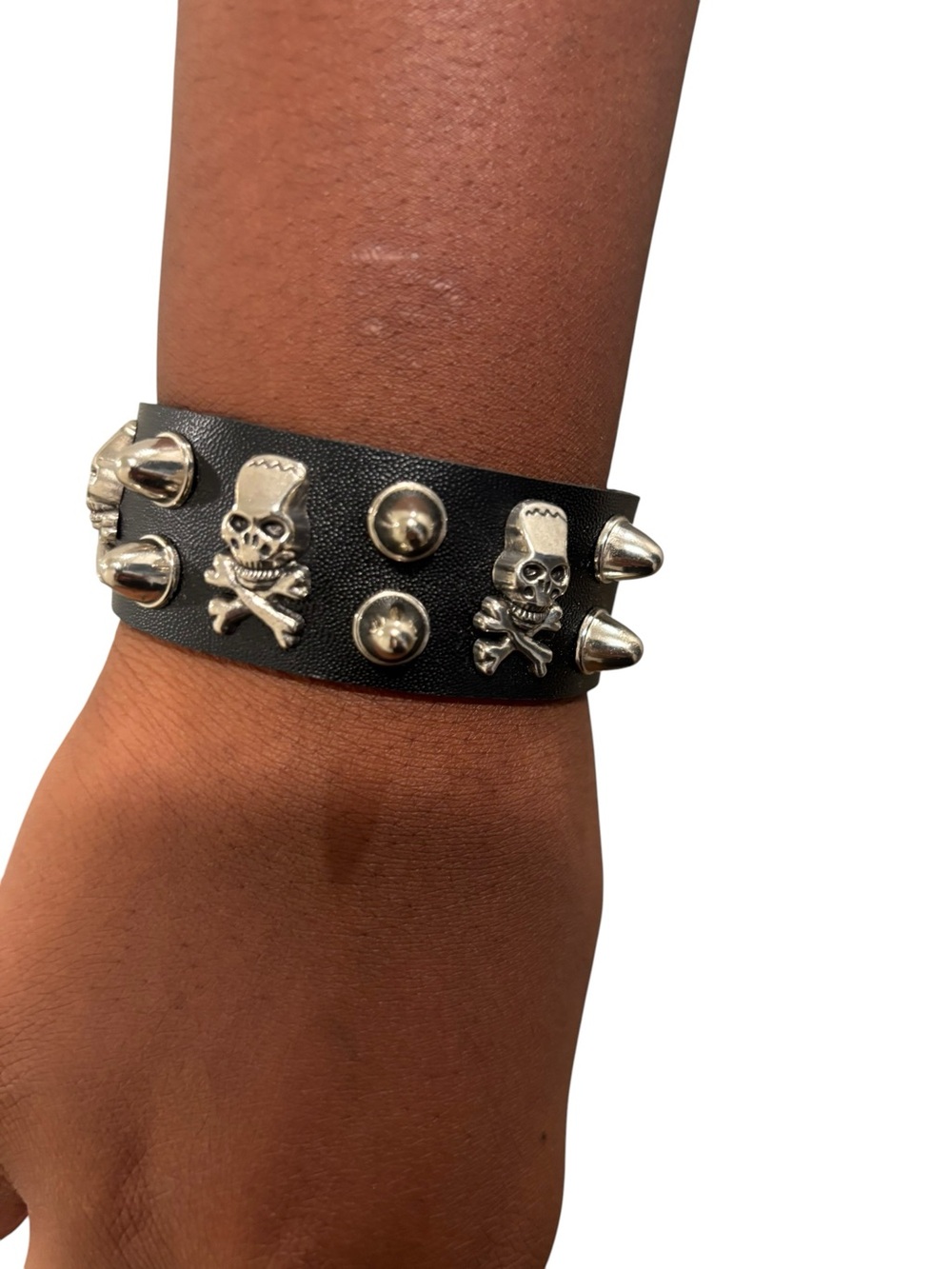 Unisex Black Leather Skull & Spike Bracelet